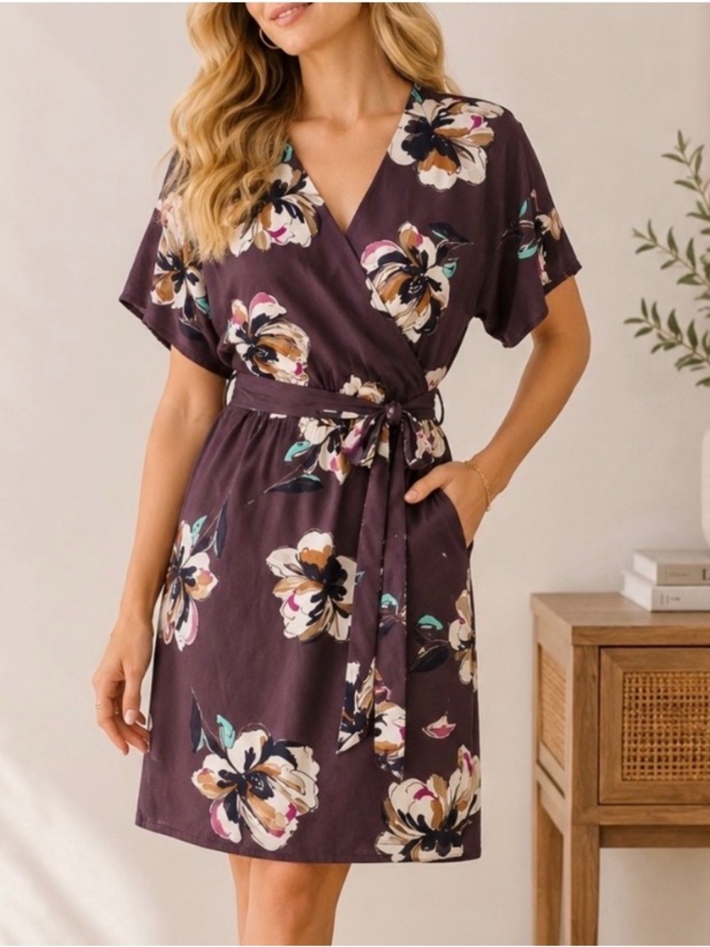 Ann Taylor Brown Floral Wrap Dress with Cream and Pink Blooms